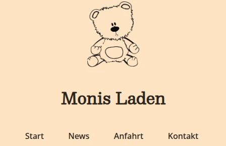 Landingpage von Monis Laden mit gezeichnetem Teddybären auf cremefarbenem Grund und vierteiliger Navigation