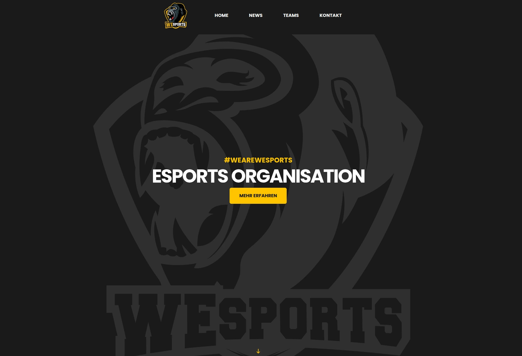 Dunkle Startseite der Esports-Organisation WeSports mit großem Gorilla-Wappen und gelbem Call-to-Action-Button
