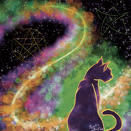 Schwarze Katze im Profil vor einer bunten Galaxie mit Sternbildlinien