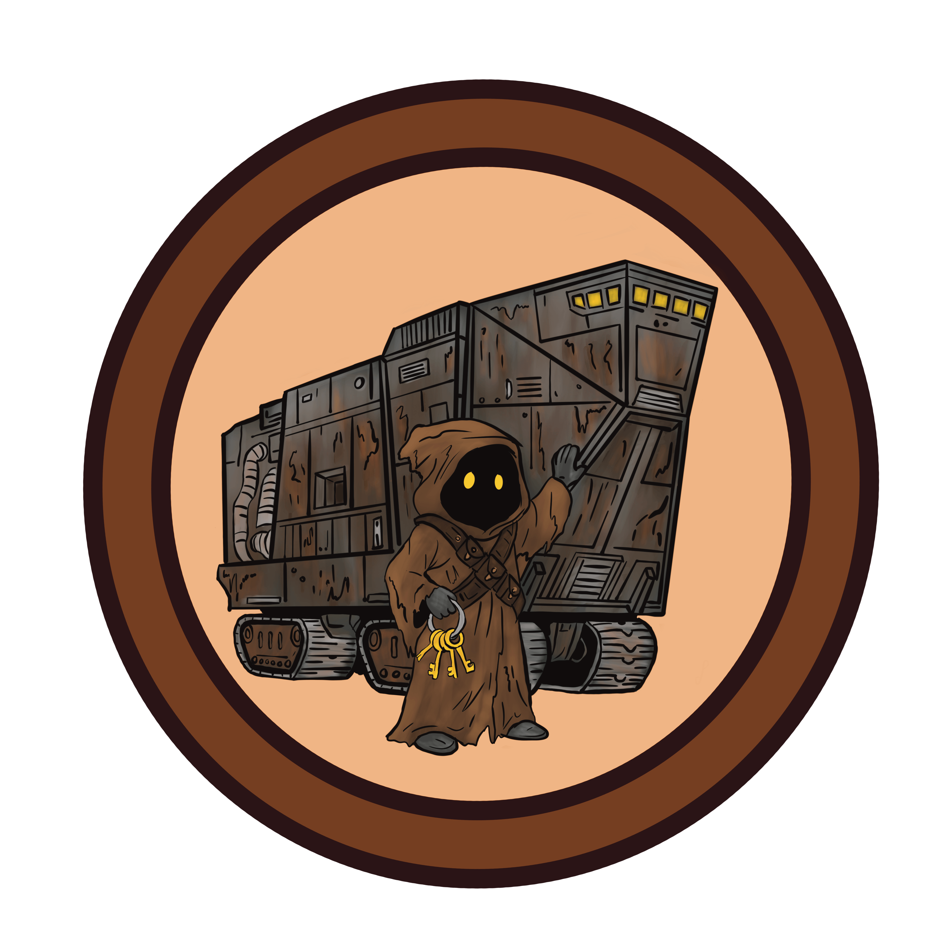 Runder Aufnäher: Jawa steht vor einem Sandcrawler