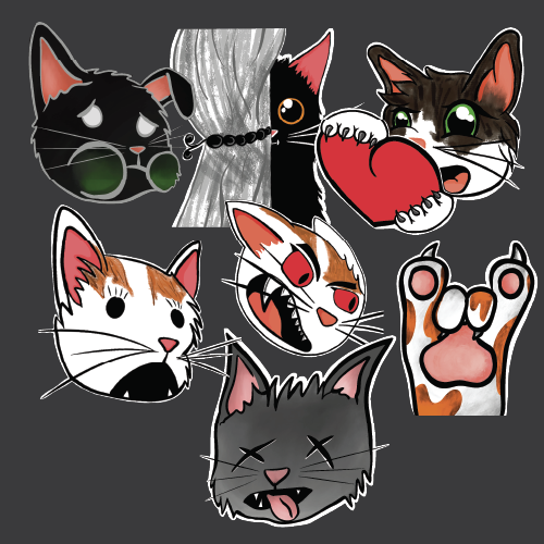 Sechs Katzen-Emotes mit verschiedenen Mimiken, darunter Sonnenbrille, Herzaugen und Pfote