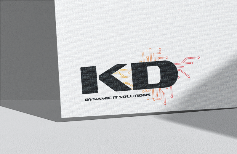 Logo-Mockup auf Papier: Monogramm „KD" für Dynamic IT Solutions mit Leiterbahn-Grafik