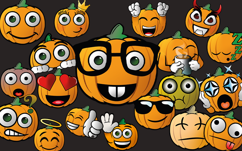 Sammlung orangefarbener Kürbis-Emojis mit unterschiedlichen Gesichtsausdrücken vor dunklem Hintergrund