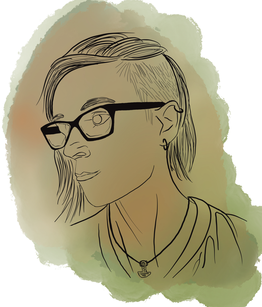 Gezeichnetes Porträt von Jennifer Roob mit Brille vor grün-oranger Aquarellfläche